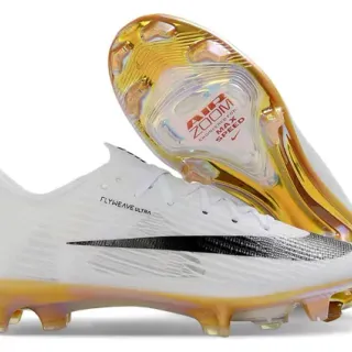 Nike White Gold Flyweave Upper Iridescent Soleplate Firm-Ground Soccer Shoes