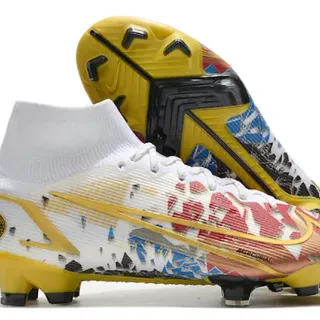 Nike White Multicolor High-Cut Bootie Upper Flyknit Construction Firm-Ground Soccer Shoes