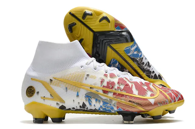Nike Blanc Multicolore Haut-Coupé Bottine Haut Flyknit Construction Terrain Firme Chaussures de Football 1