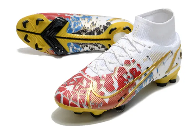 Nike Blanc Multicolore Haut-Coupé Bottine Haut Flyknit Construction Terrain Firme Chaussures de Football 6