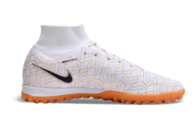 Nike Blanc Orange Haut-Coupé Col de Chaussette Ajusté Superposition Géométrique Ligne Dorée Overlay Chaussures Football Gazon 5