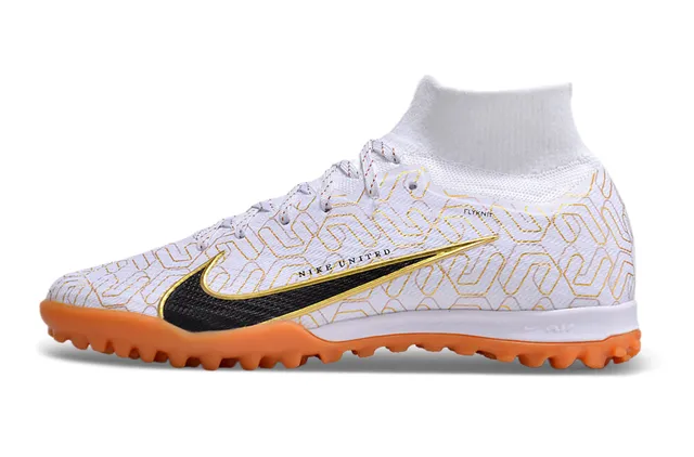 Nike Blanc Orange Haut-Coupé Col de Chaussette Ajusté Superposition Géométrique Ligne Dorée Overlay Chaussures Football Gazon 6