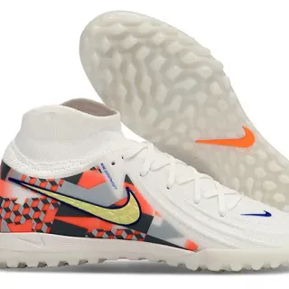 Nike White Orange Sock-Fit Knit Collar Geometric Multicolor Paneling Turf Soccer Shoes