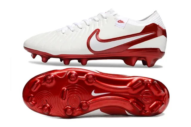 Nike أحذية كرة القدم أبيض أحمر بوتي منخفض بناء لامع معدني أكسنتس أرض صلبة أحذية كرة القدم 11