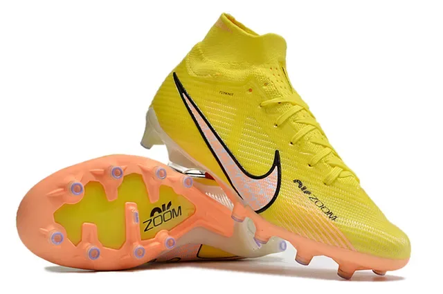 Nike Amarelo Laranja Alto-Corte Superior de Malha Estudos Conicos Solo Firme Sapatos de Futebol 3