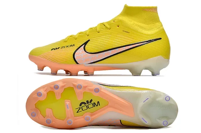 Nike Amarelo Laranja Alto-Corte Superior de Malha Estudos Conicos Solo Firme Sapatos de Futebol 5