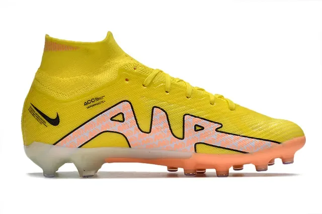 Nike Amarelo Laranja Alto-Corte Superior de Malha Estudos Conicos Solo Firme Sapatos de Futebol 7