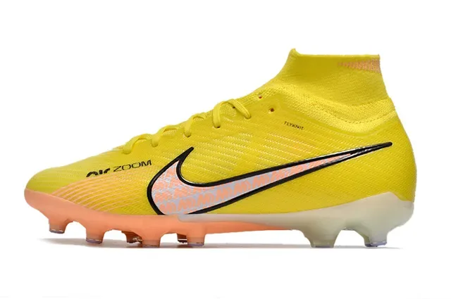 Nike Amarelo Laranja Alto-Corte Superior de Malha Estudos Conicos Solo Firme Sapatos de Futebol 8