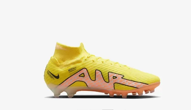 Nike Amarelo Laranja Alto-Corte Superior de Malha Estudos Conicos Solo Firme Sapatos de Futebol 18