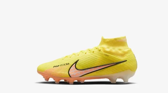 Nike Amarelo Laranja Alto-Corte Superior de Malha Estudos Conicos Solo Firme Sapatos de Futebol 19