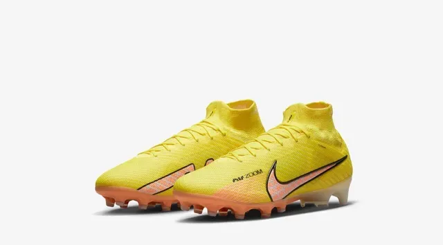 Nike Amarelo Laranja Alto-Corte Superior de Malha Estudos Conicos Solo Firme Sapatos de Futebol 20