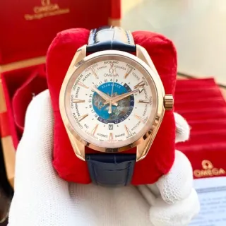 Omega Seamaster Worldtimer Rose Gold White Dial Blue Alligator Strap Mechanical Watch