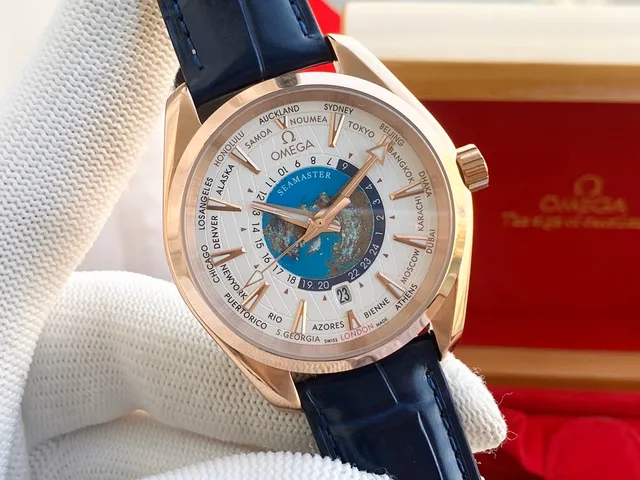 Omega Seamaster Worldtimer Rose Gold White Dial Blue Alligator Strap Mechanical Watch 6