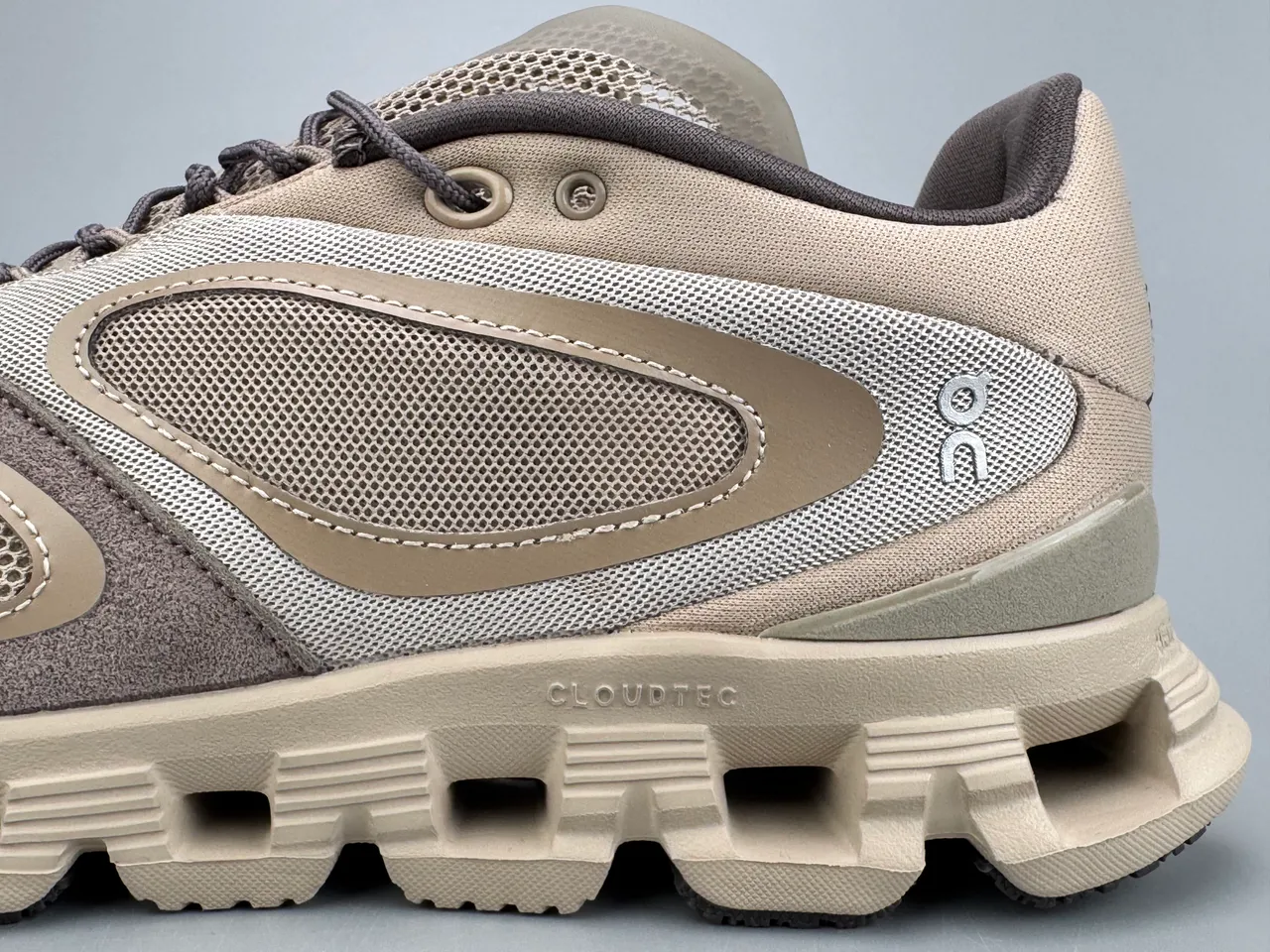 On Beige Brown Open Hexagonal CloudTec Midsole Mesh And Suede Panel Construction Sneakers 6