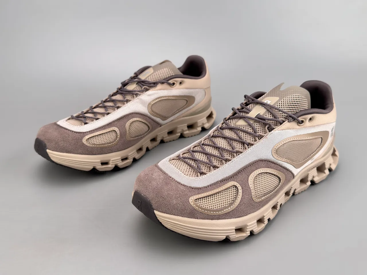 On Beige Brown Open Hexagonal CloudTec Midsole Mesh And Suede Panel Construction Sneakers 10