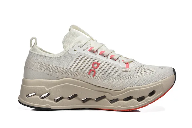 On Beige Pink Engineered Knit Upper Open Hexagonal CloudTec Pods Running Shoes 3