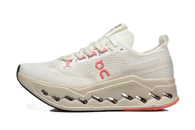 On Beige Pink Engineered Knit Upper Open Hexagonal CloudTec Pods Running Shoes 4