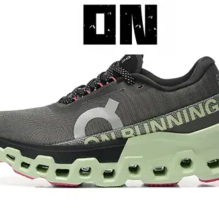 On Cloudmonster Gray Green Engineered Mesh Upper Open Hexagonal CloudTec Midsole Running Shoes