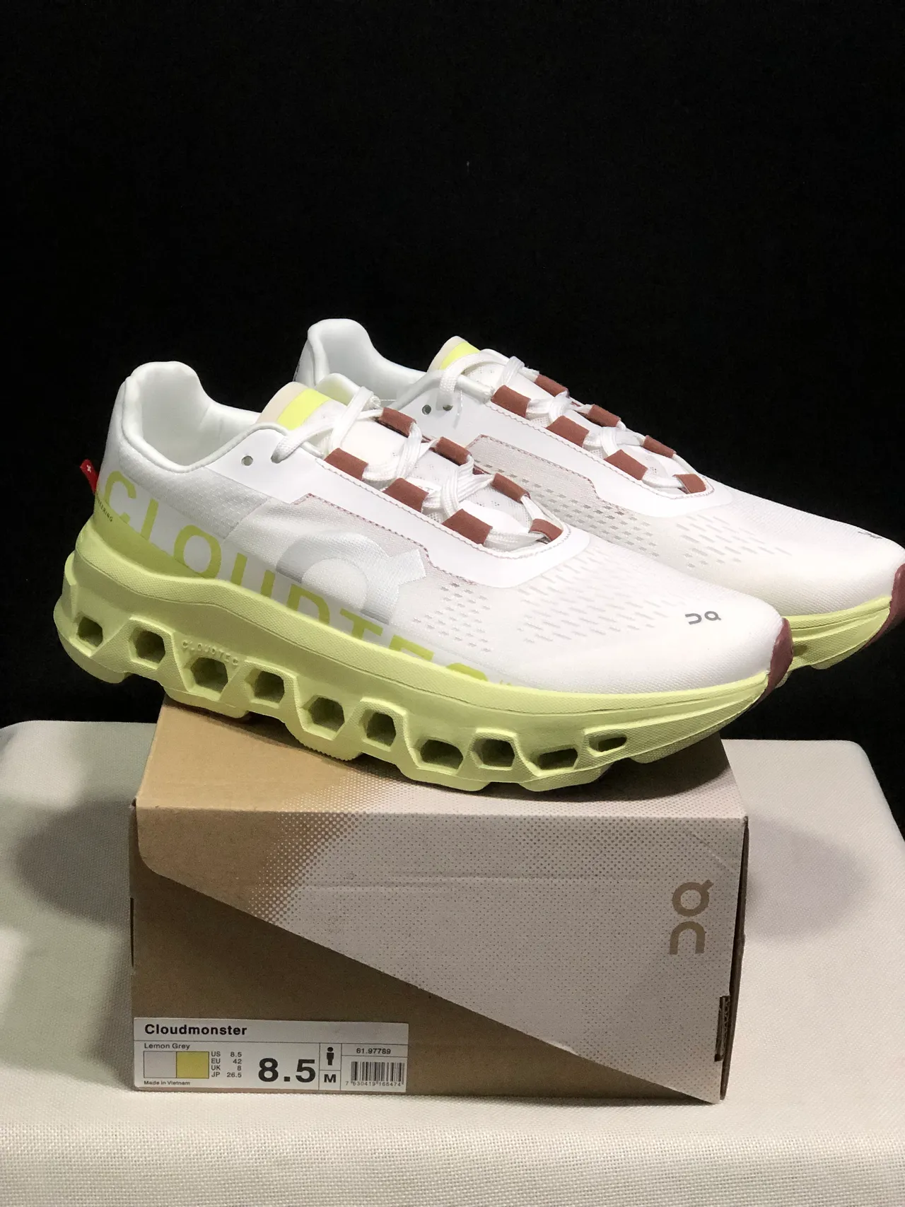 On Cloudmonster White Lime Green Dusty Rose Running Shoes 2
