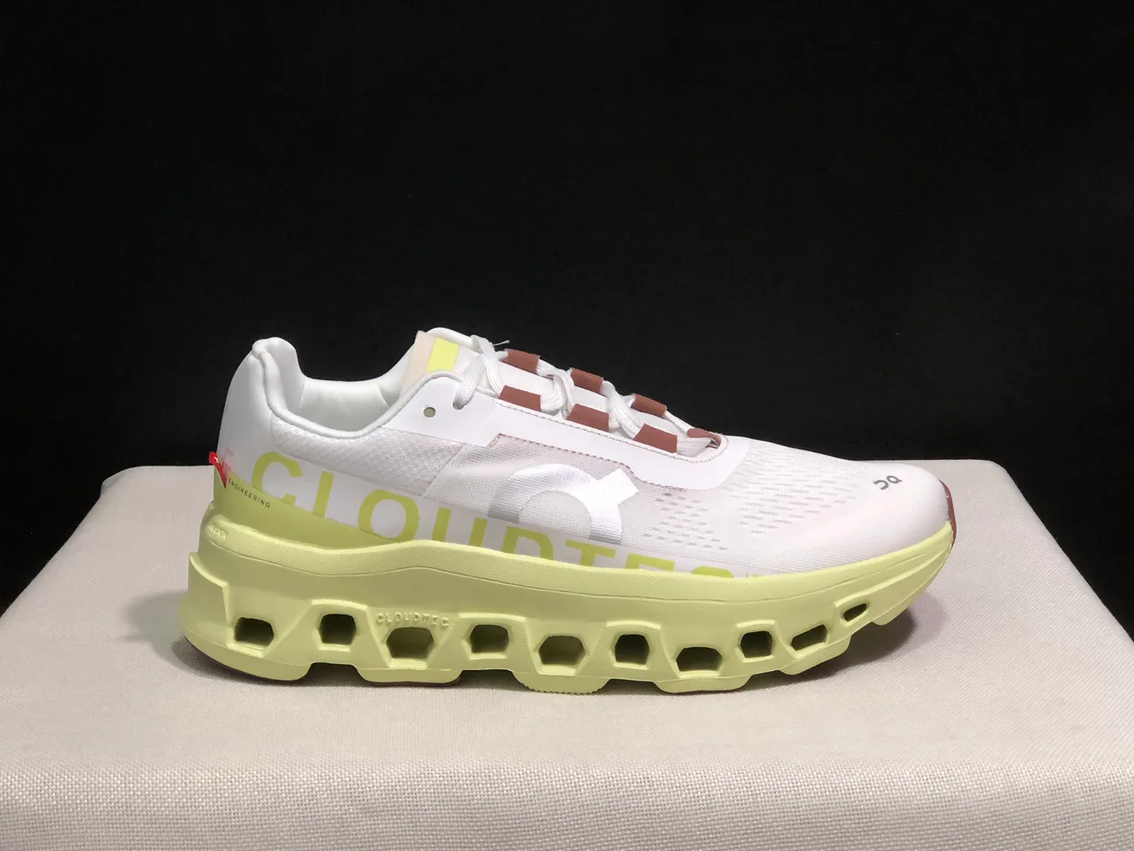 On Cloudmonster White Lime Green Dusty Rose Running Shoes 3
