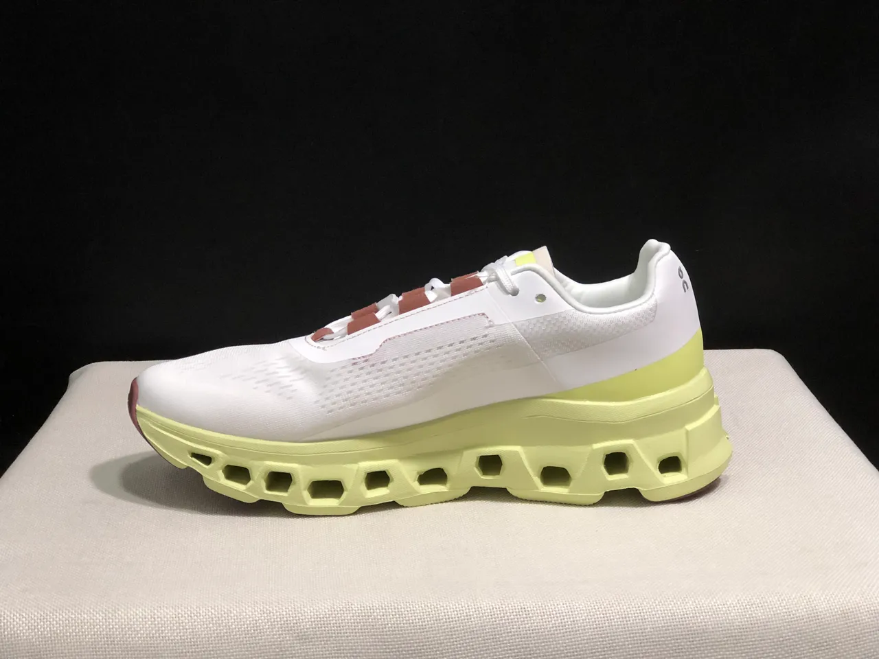 On Cloudmonster White Lime Green Dusty Rose Running Shoes 4
