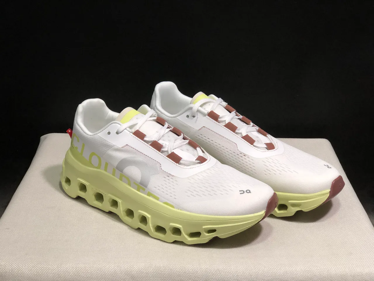 On Cloudmonster White Lime Green Dusty Rose Running Shoes 7