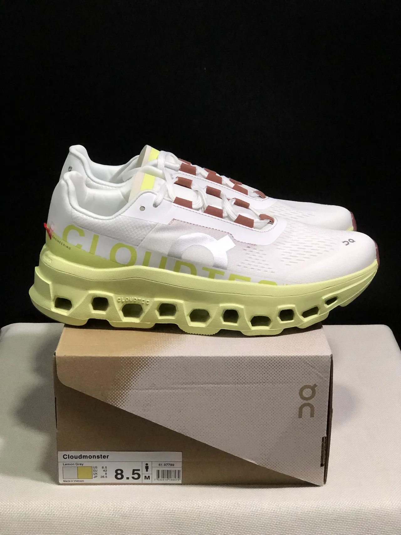 On Cloudmonster White Lime Green Dusty Rose Running Shoes 8