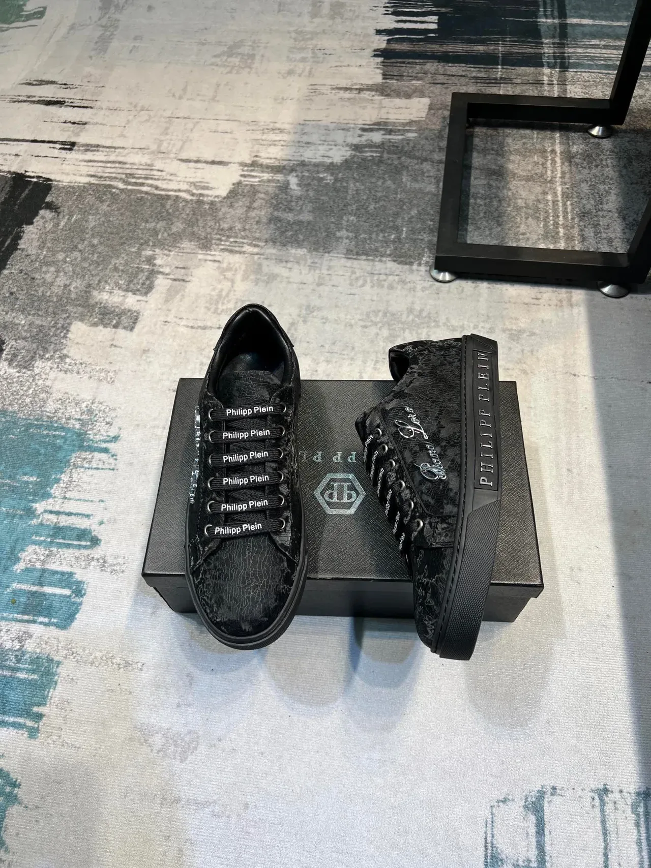 Philipp Plein Preto Prata Couro Crackle Texturizado Parte Superior Marca Embossada Sola Média Tênis Lifestyle 5