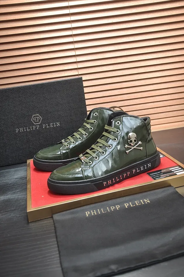 Philipp Plein سنيكرز عالية أخضر عسكري أسود جلد لامع براق لايف ستايل 4