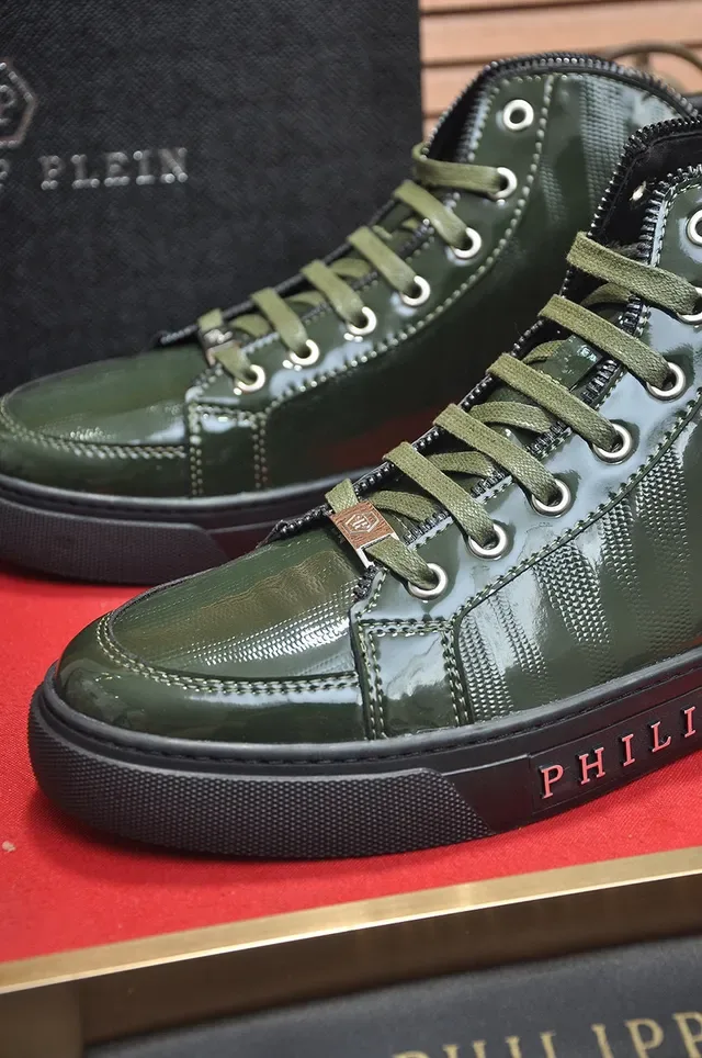 Philipp Plein سنيكرز عالية أخضر عسكري أسود جلد لامع براق لايف ستايل 7