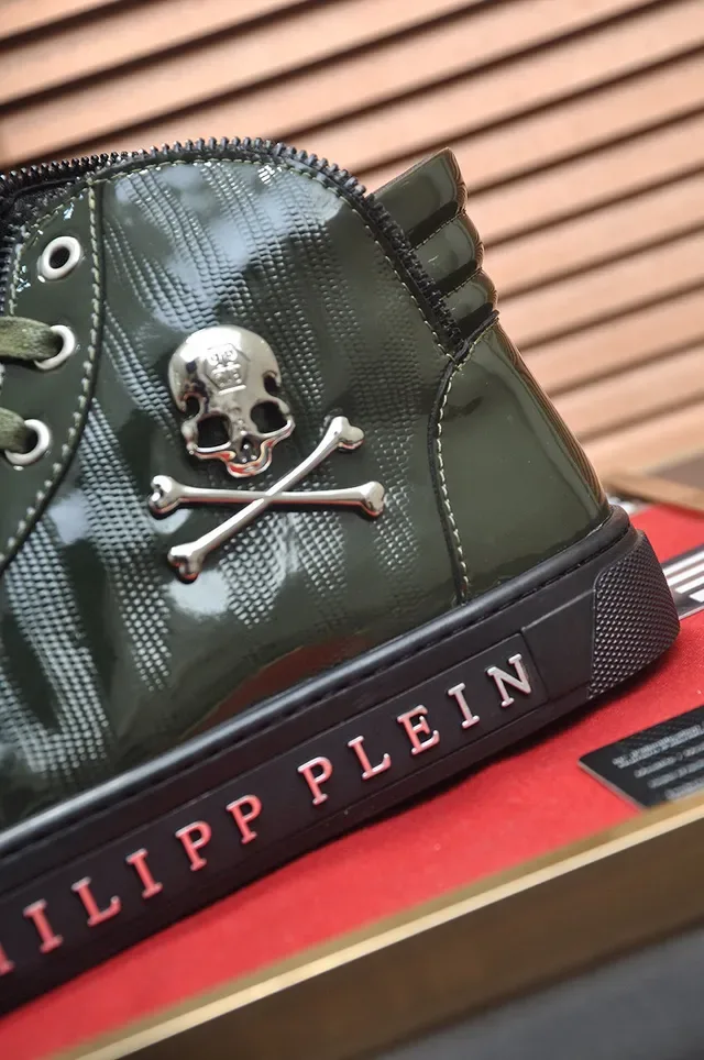 Philipp Plein سنيكرز عالية أخضر عسكري أسود جلد لامع براق لايف ستايل 8