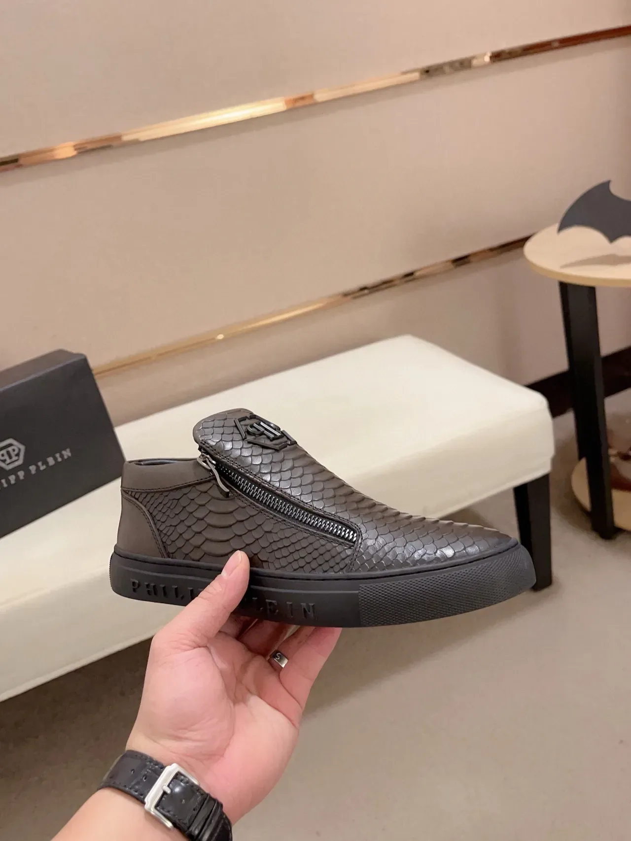 Philipp Plein Snake-Embossed Zipper High-Top Sneaker 4