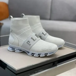 Philipp Plein White Gray Sock-Fit High-Top Ribbed Knit Collar Lifestyle Sneakers
