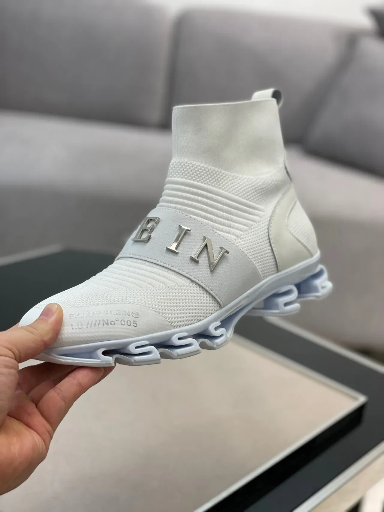 Philipp Plein Tênis Lifestyle Branco e Cinza Ajuste de Meia Topo Alto Colar de Malha Tricô Acanalado 2