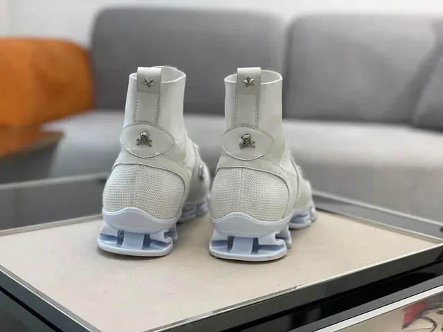 Philipp Plein Tênis Lifestyle Branco e Cinza Ajuste de Meia Topo Alto Colar de Malha Tricô Acanalado 4