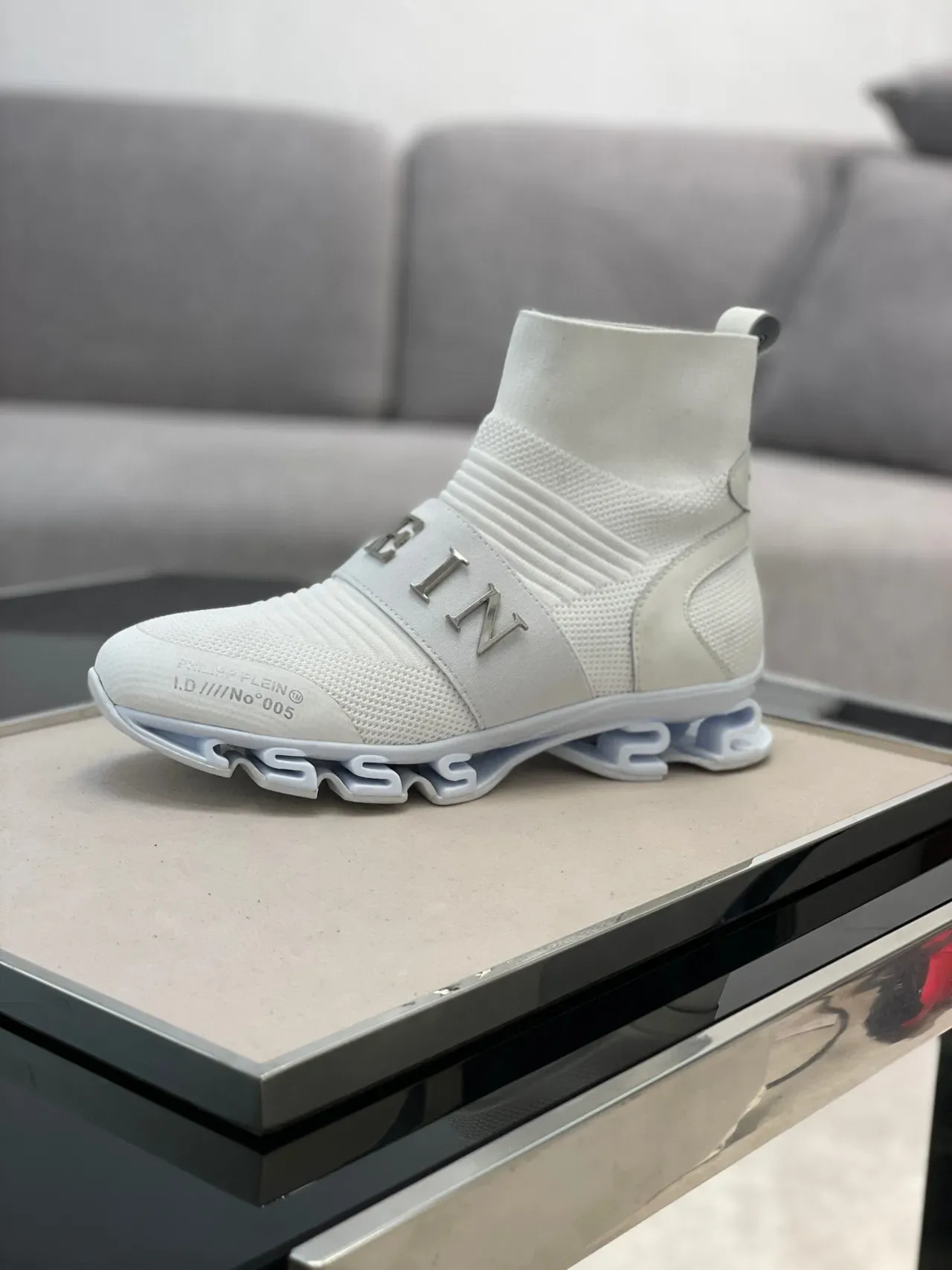 Philipp Plein Tênis Lifestyle Branco e Cinza Ajuste de Meia Topo Alto Colar de Malha Tricô Acanalado 5