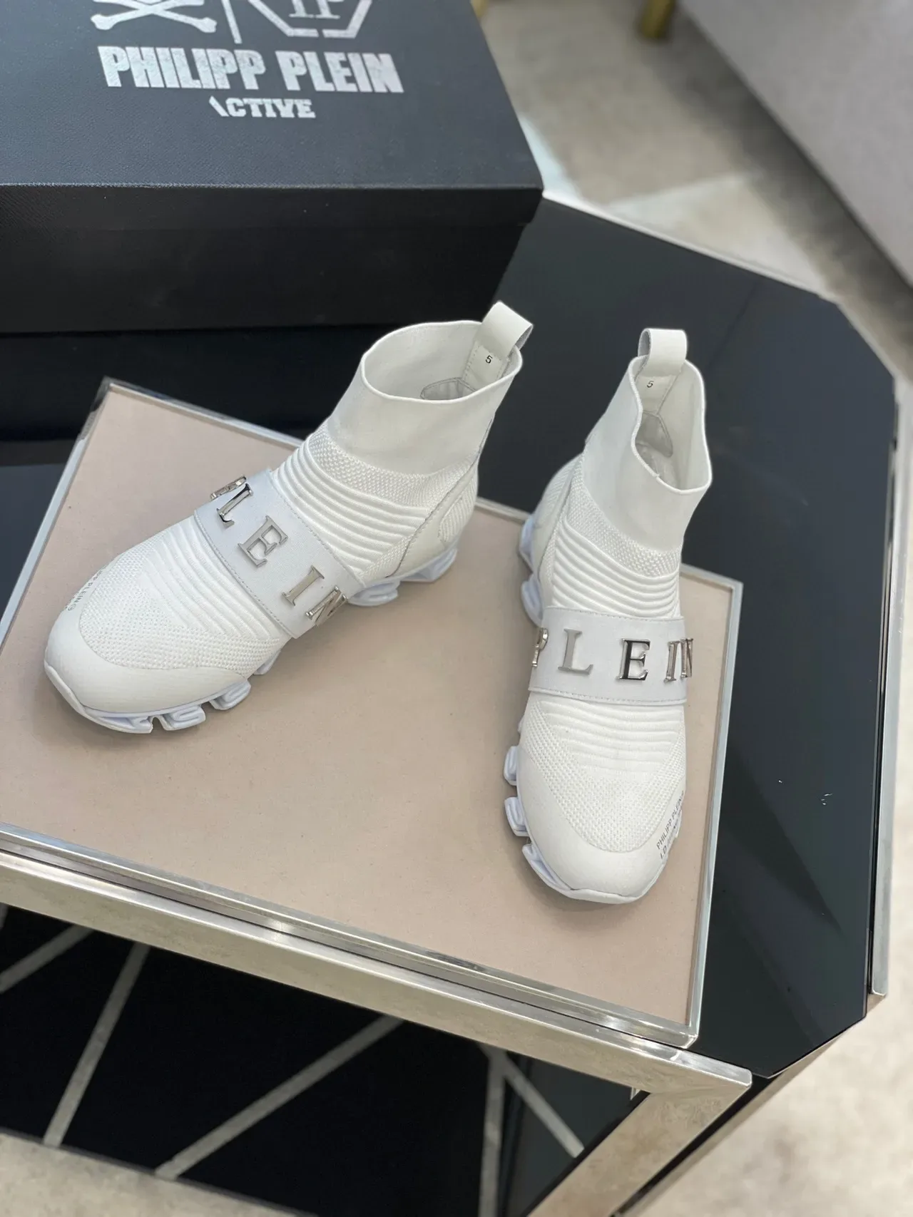 Philipp Plein Tênis Lifestyle Branco e Cinza Ajuste de Meia Topo Alto Colar de Malha Tricô Acanalado 6