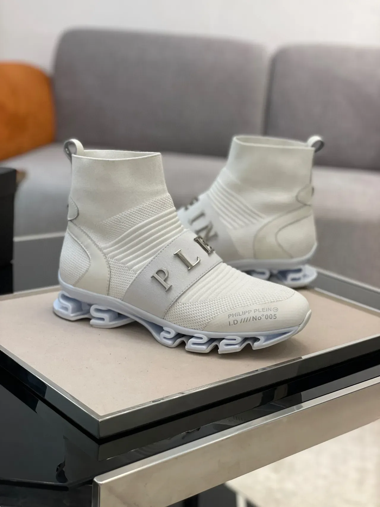 Philipp Plein Tênis Lifestyle Branco e Cinza Ajuste de Meia Topo Alto Colar de Malha Tricô Acanalado 7
