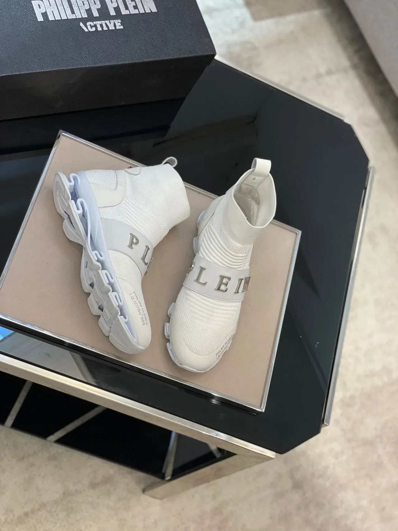 Philipp Plein Tênis Lifestyle Branco e Cinza Ajuste de Meia Topo Alto Colar de Malha Tricô Acanalado 8