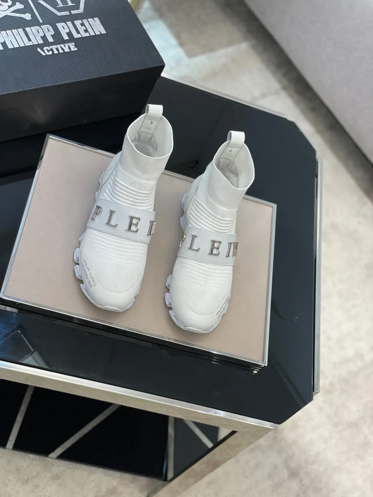 Philipp Plein Tênis Lifestyle Branco e Cinza Ajuste de Meia Topo Alto Colar de Malha Tricô Acanalado 9