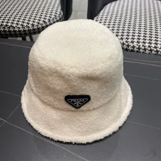 Prada Beige Black Plush Shearling-Textured Off-White Bucket Hat