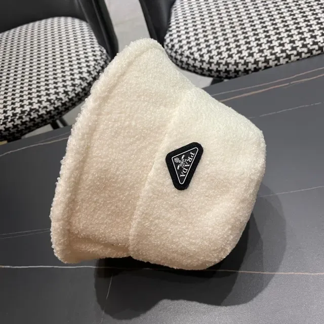 Prada Beige Black Plush Shearling-Textured Off-White Bucket Hat 2