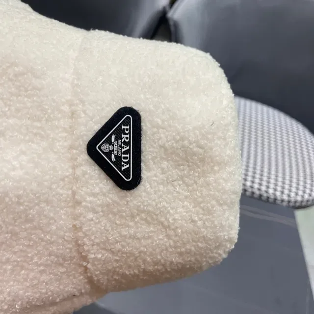 Prada Beige Black Plush Shearling-Textured Off-White Bucket Hat 3