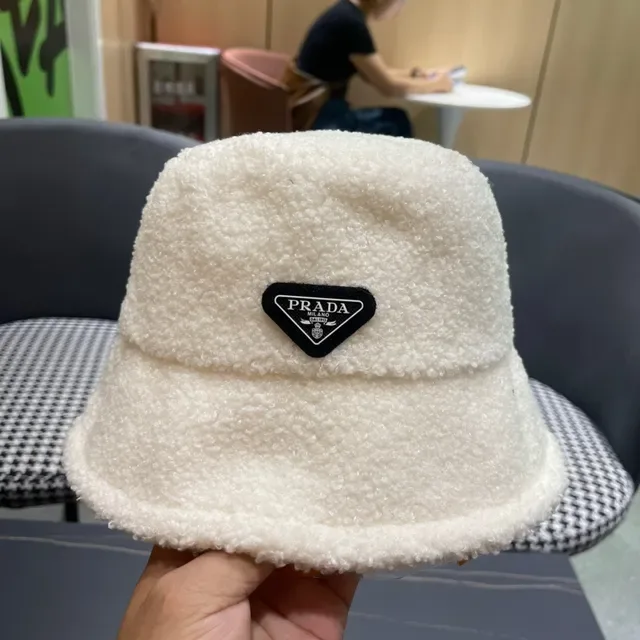 Prada Beige Black Plush Shearling-Textured Off-White Bucket Hat 4