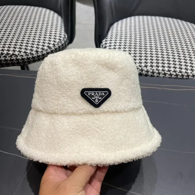 Prada Beige Black Plush Shearling-Textured Off-White Bucket Hat 5