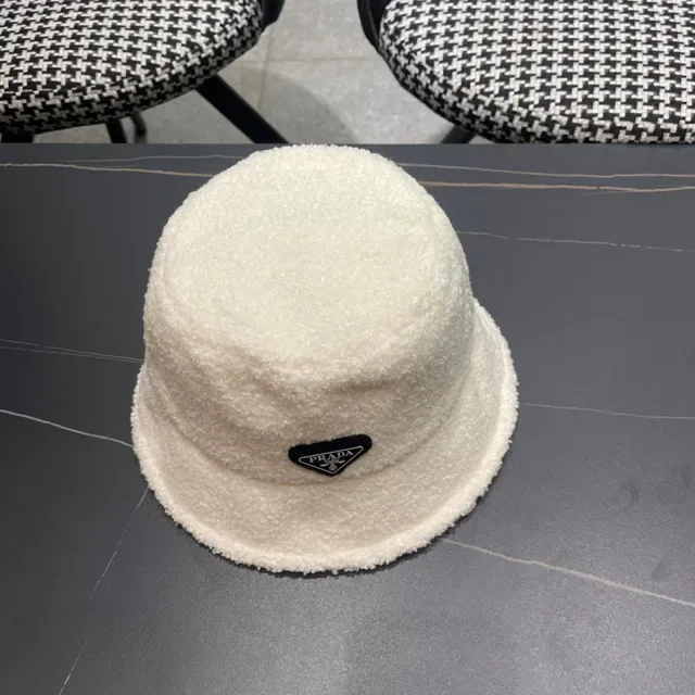 Prada Beige Black Plush Shearling-Textured Off-White Bucket Hat 7