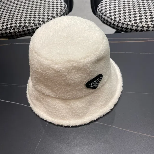 Prada Beige Black Plush Shearling-Textured Off-White Bucket Hat 8