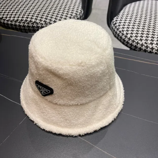 Prada Beige Black Plush Shearling-Textured Off-White Bucket Hat 9