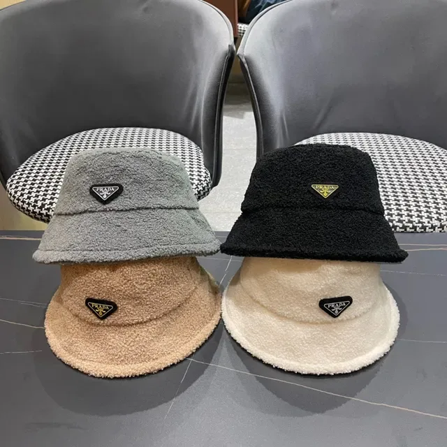 Prada Beige Black Plush Shearling-Textured Off-White Bucket Hat 10
