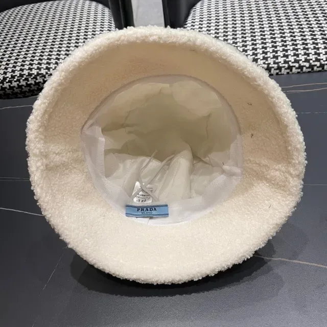 Prada Beige Black Plush Shearling-Textured Off-White Bucket Hat 11